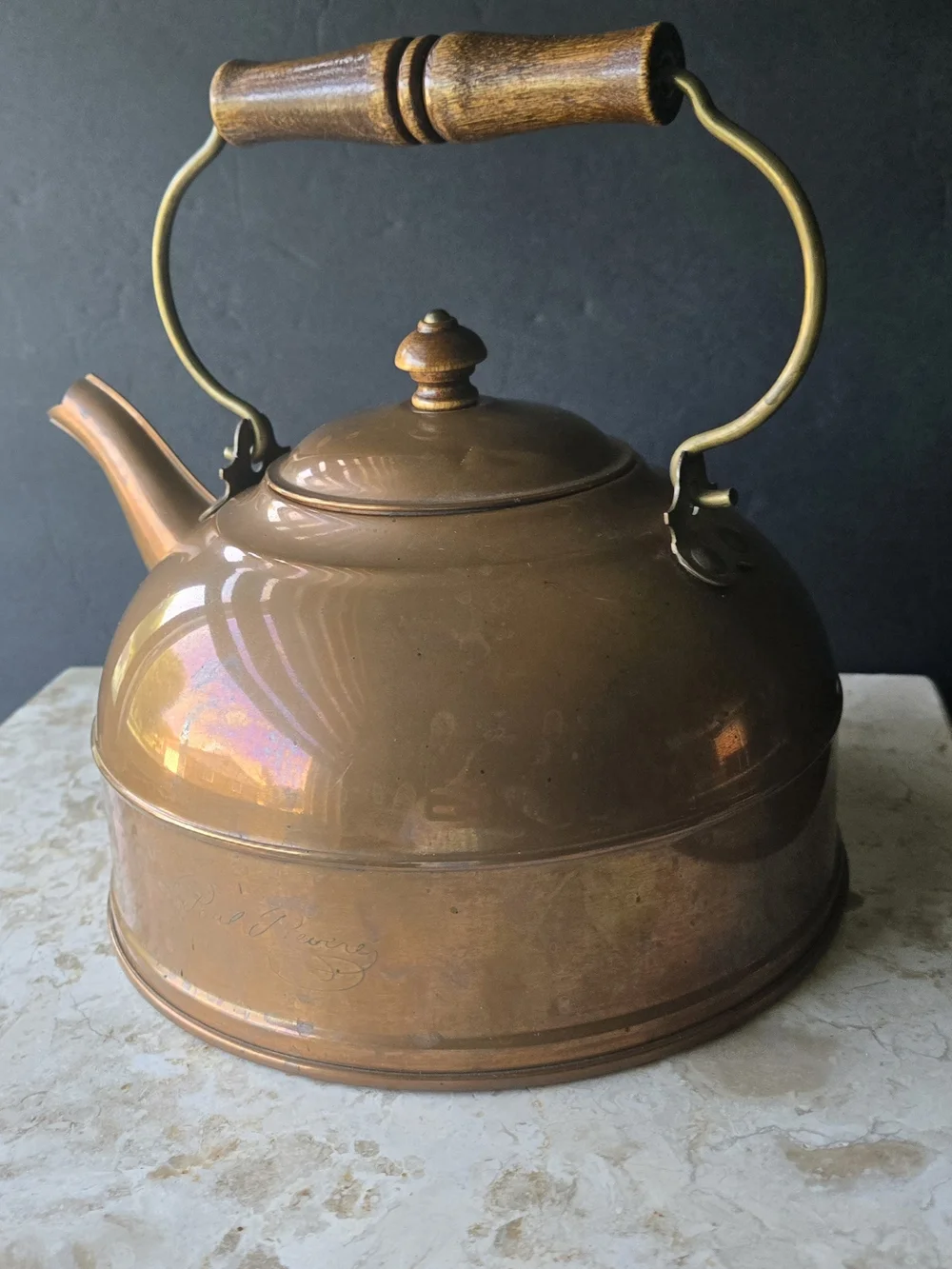 Copper-Tone Classic Whistling Teakettle with Wooden Handle
